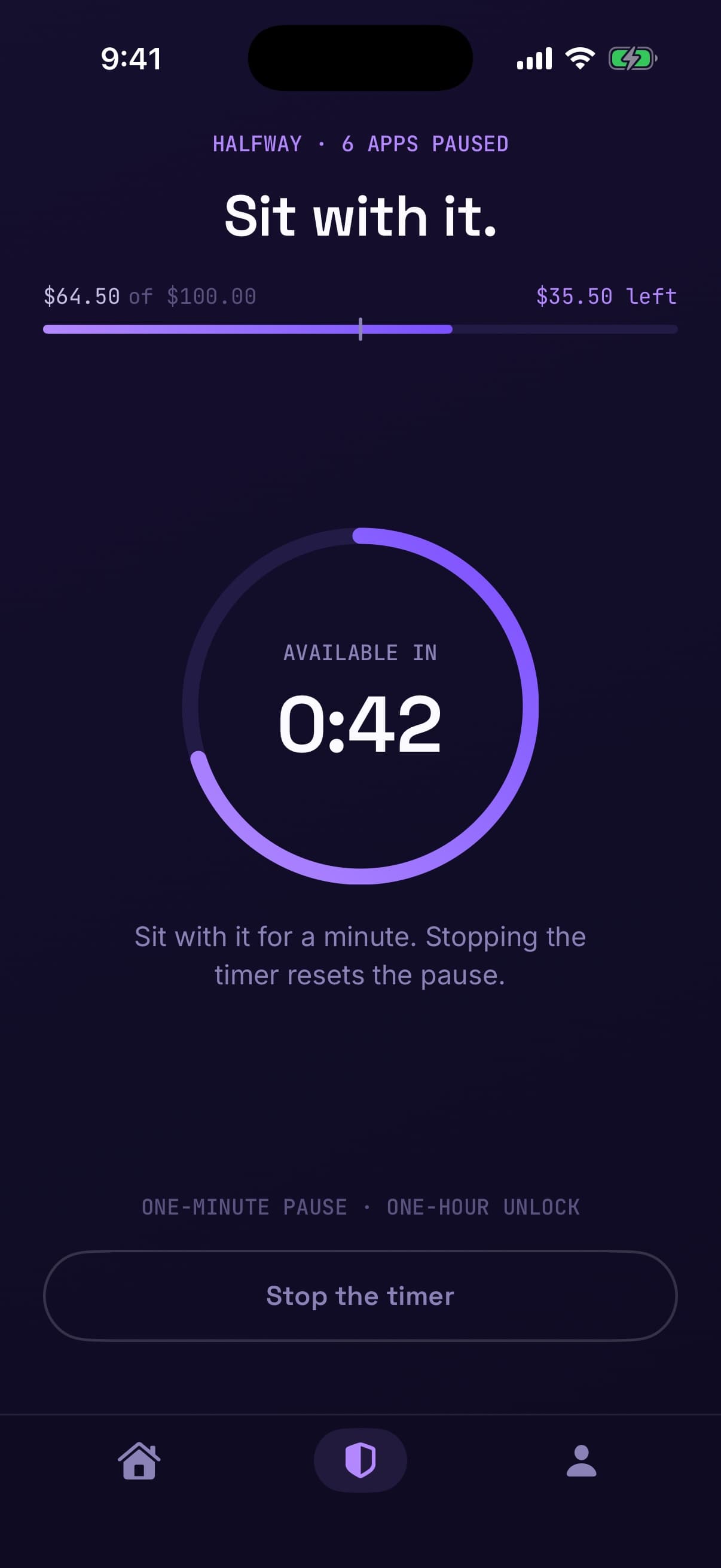 The Slash pause screen counting down, with the option to stop the timer.