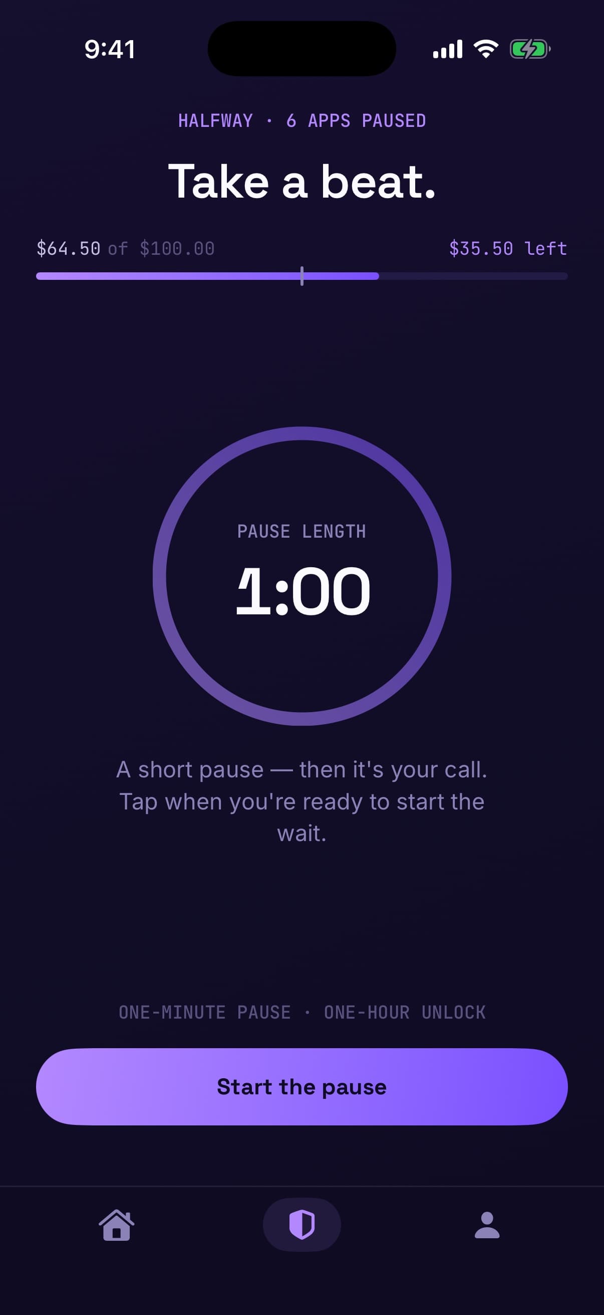The Slash pause screen: “Take a beat.” with a one-minute pause ready to start.